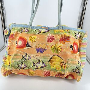 Surviving Stress Fish Print Canvas Beach Tote Bag Large Zip-Top Multicolor